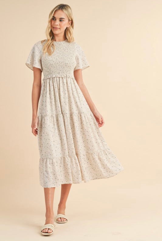 Floral flutter sleeve Tiered midi dress