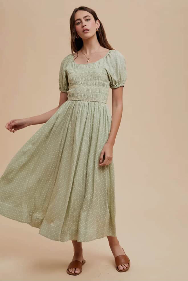 CONTRAST ACCENT STITCHED MAXI DRESS FEATURES:
- RAYON DITZY FLORAL PRINT FABRICATION
- CONTRAST ACCENT SMOCKIN