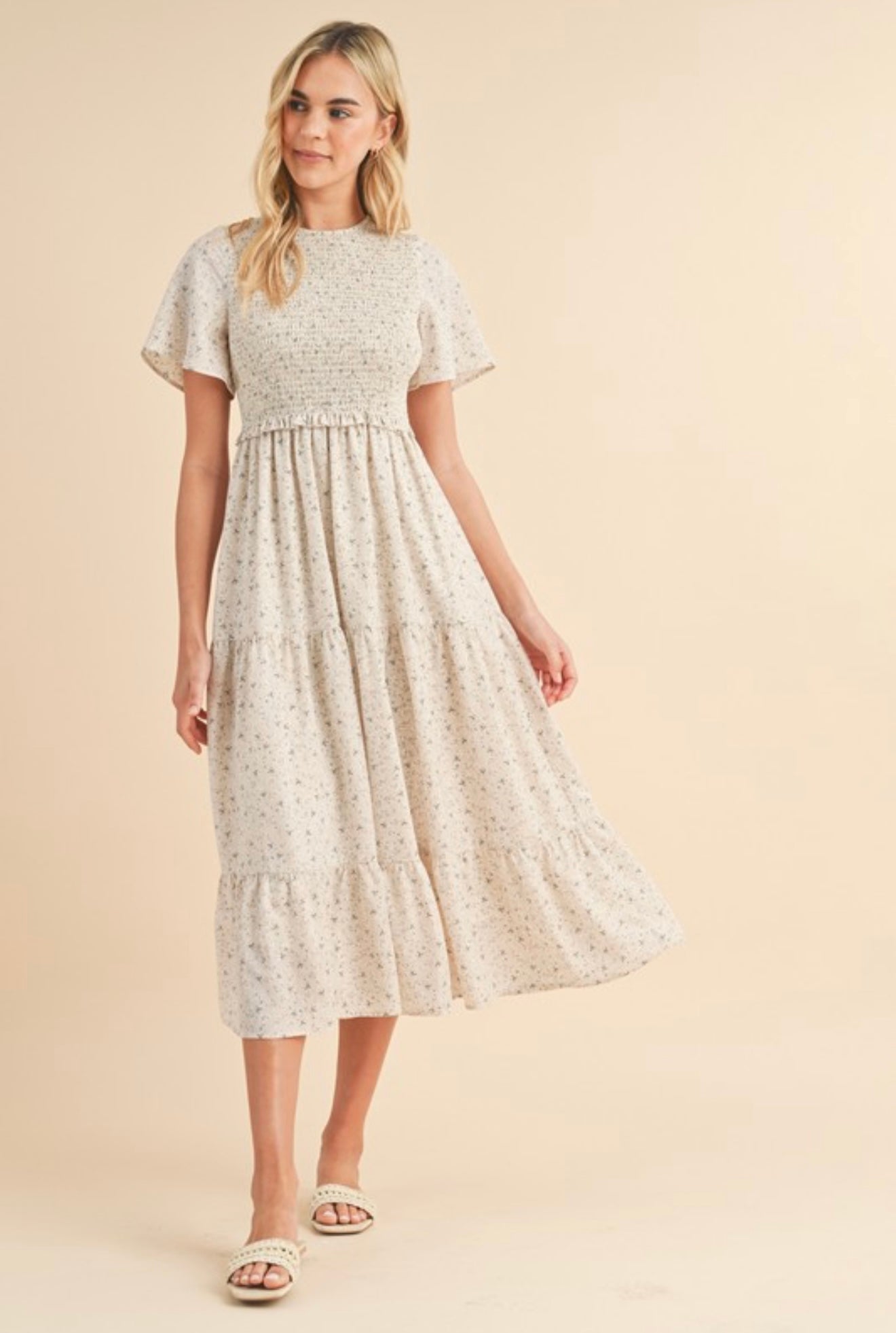 Floral flutter sleeve Tiered midi dress
