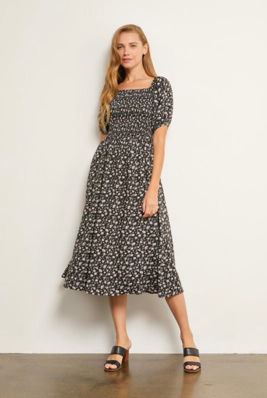Floral print smocked square neck dress